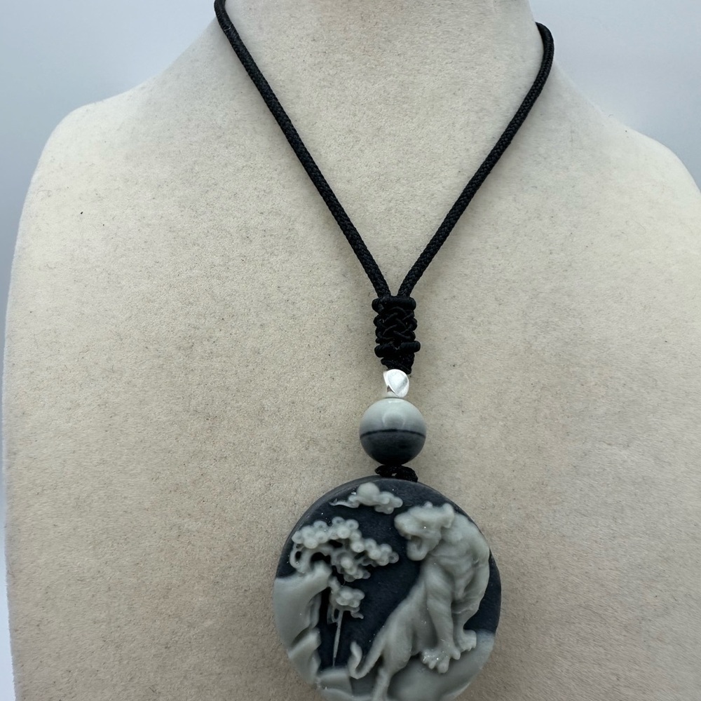 Tai Chi Stone Tiger Pendant Necklace with Silver Accent Bead on Adjustable Rope - Picture 3 of 10